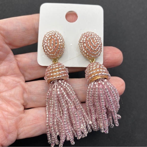 Pink Seed Bead Tassel Drop Post Dangle Pierced Earrings - Picture 5 of 7
